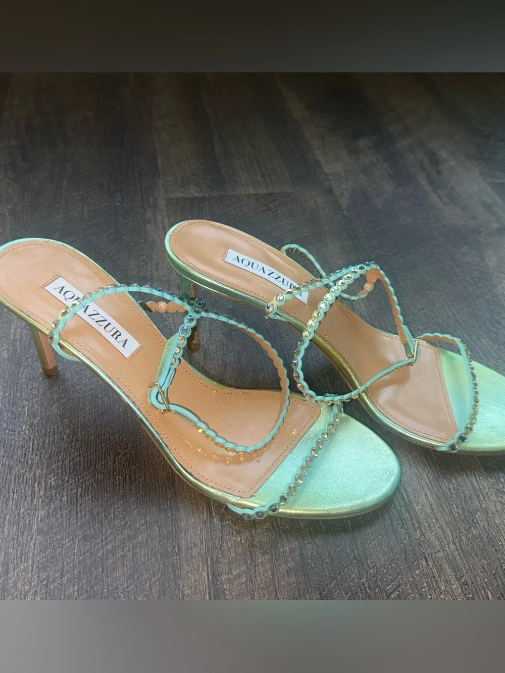 Aquazzura Metallic Mint Green Scalloped Strap Heels 39